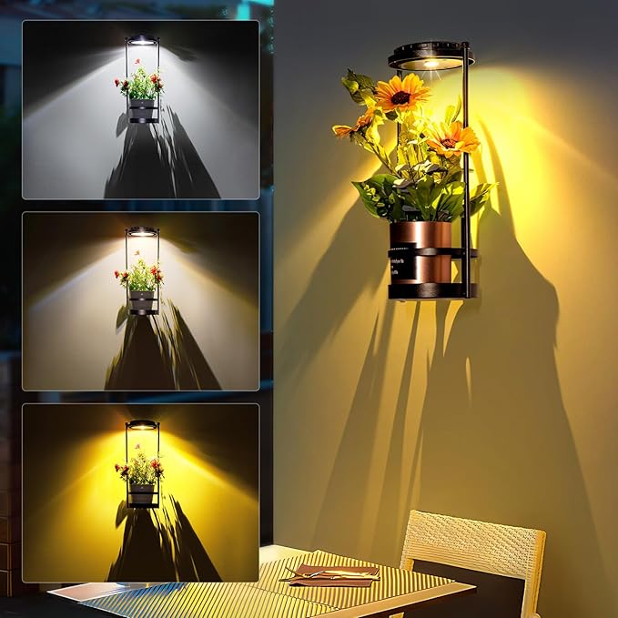 Solar Yard Wall Light with Plant Stands, Wireless Outdoor Solar Wall Lamp with 2 Modes & IP45 Waterproof Dusk to Dawn LED Outdoor Solar Lights for Garden Patio Yard Decoration (1Pack)