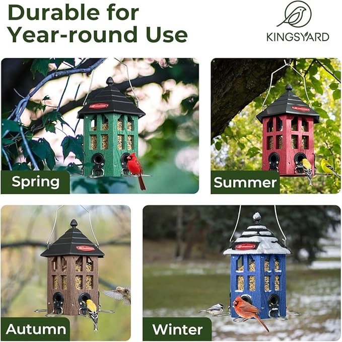 Kingsyard Wild Bird Feeder for Outdoor Hanging, Recycled Plastic Bird Feeders with 6 Ports & U-Shape Perch, Garden Yard Outside Decoration, 3.5 lbs Seed Capacity, Blue