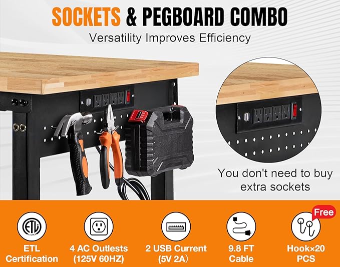 84” Adjustable Height Workbench, 5000 LBS Heavy Duty Table Rubber Wood Workstation with Power Outlet & Pegboard for Garage, Office, Workshop, Home,Commercial