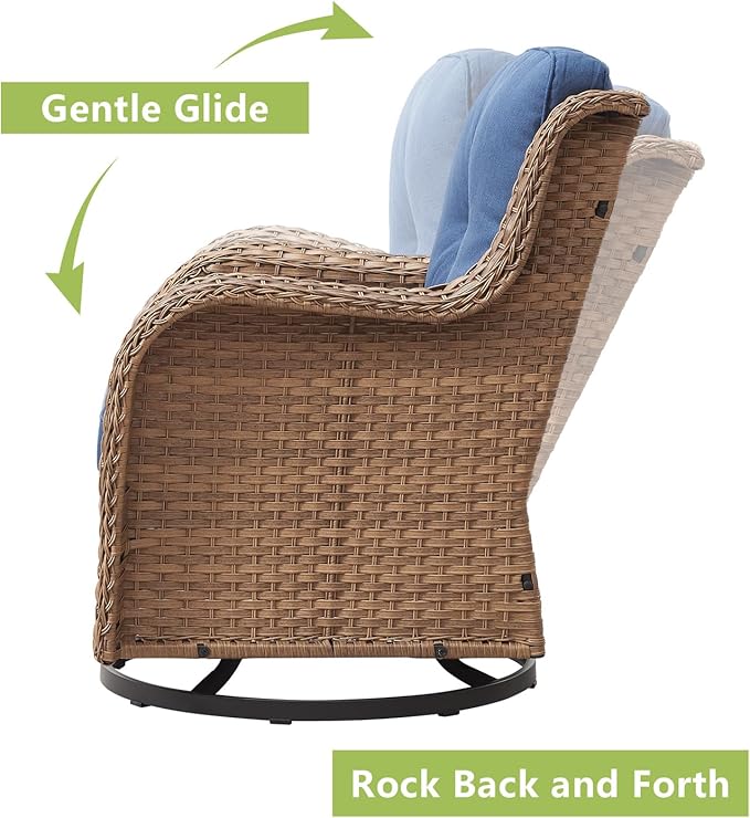 Outdoor Wicker Patio Furniture Set - 6 Piece Rattan Patio Conversation Set with 2 Rocking Swivel Chairs,2 Ottomans,1 Loveseat and 1 Side Table for Porch Deck Backyard Garden(Yellow/Blue)