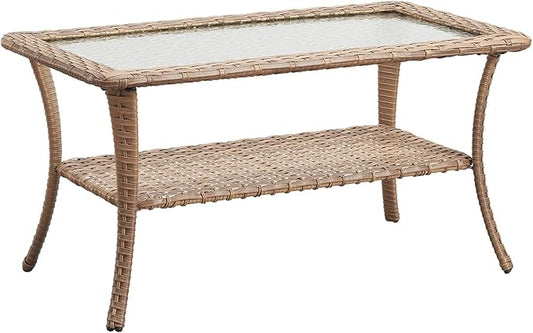 Patio Tables Outdoor Coffee Table - Wicker Rattan Coffee Tables with 2-Tier Storage Shelf Glass Top for Outside Proch Deck Balcony Garden Rectangle Yellow