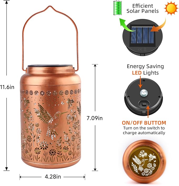 2 Pack Hummingbird Solar Lanterns Outdoor Waterproof Hanging Solar Lights Metal Decorative LED Lanterns Outside Decor for Garden,Yard,Patio,Lawn Gifts for Women Mom