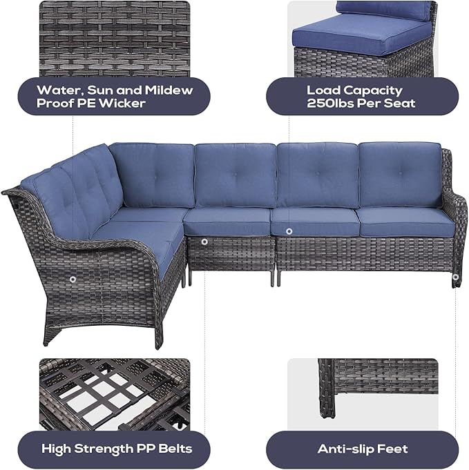 Outdoor Furniture Sectional Sofa L Shaped Couch - Patio Wicker Furniture Set with Coffee Table, 3 Piece Rattan Patio Conversation Sets with Blue Cushion for Deck Backyard Sunroom