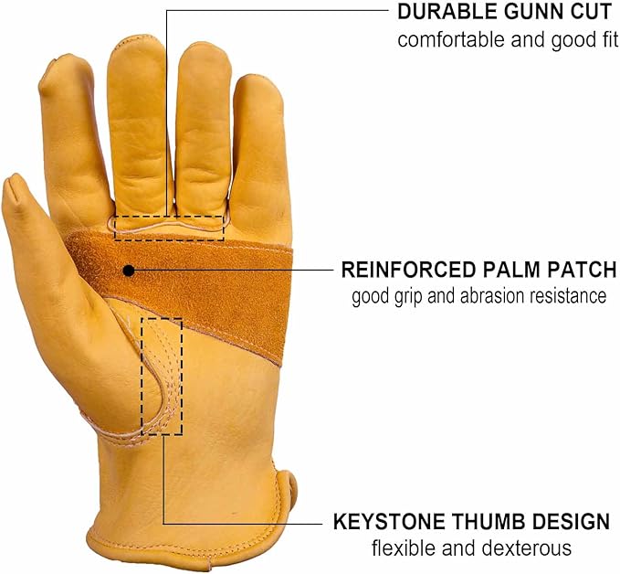 OZERO Flex Grip Leather Work Gloves Stretchable Wrist Tough Cowhide Working Glove 1 Pair (Gold, Large)