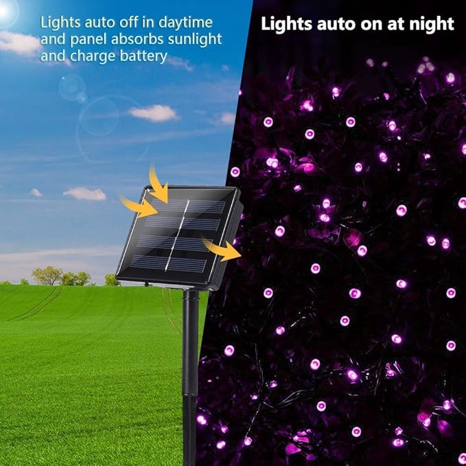Toodour Solar Christmas Lights, 2 Packs Total 144ft 400 LED 8 Modes Solar String Lights, Waterproof Solar Outdoor Christmas Lights for Garden, Patio, Fence, Balcony, Christmas Tree Decor - Purple