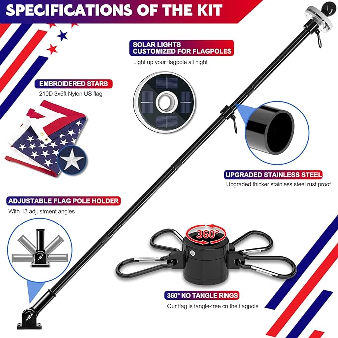 ZMTECH 2 Pack 6FT Black Flag Pole Kit for Outside House with Solar Light & Proud American Flag, 180° Adjustable Bracket and Upgraded Tangle-Free Ring 1" Stainless Steel Flagpole, Residential, Commercial