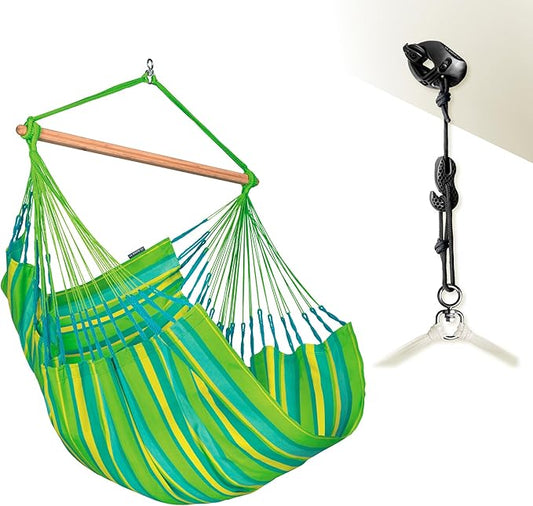 LA SIESTA® - XL King Domingo Hammock Swing Chair & CasaMount - Weather & Tear Resistant Hanging Chair - Outdoor Indoor Hammock Chair w/Suspension Kit for Walls Ceilings Square Beams - Lime