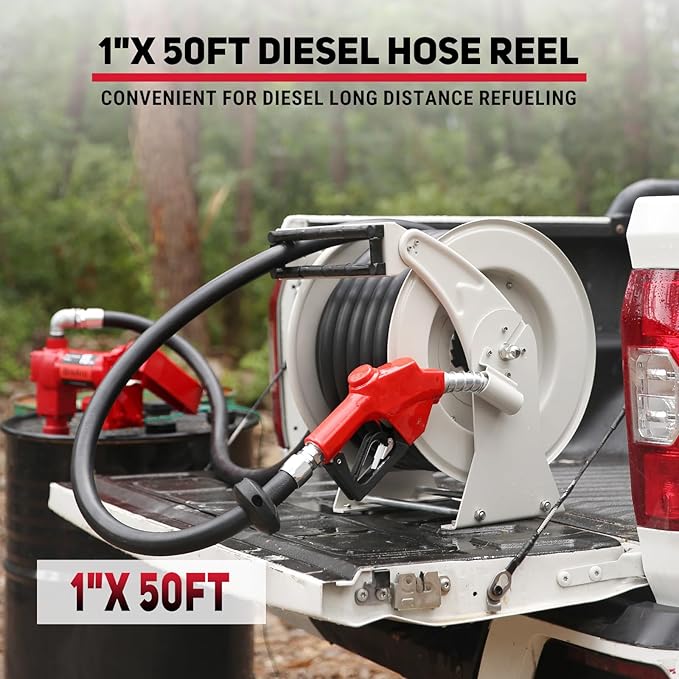 Diesel Fuel Hose Reel 1" x 50FT 300PSI Retractable Fuel Hose Reel Heavy-Duty Steel Ratchet Spring Driven Professional Diesel Hose Reel Auto Swivel Rewind with Fuel Nozzle for Vehicle Tank Truck Ship