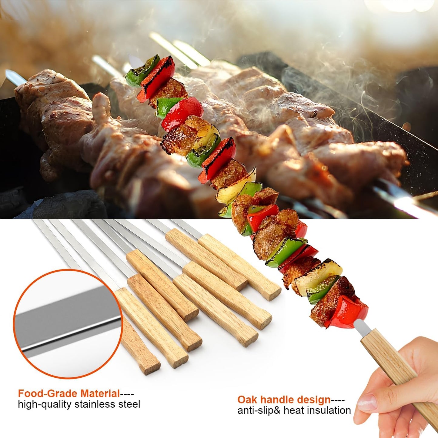 SHIKORI Kabob Skewers,BBQ Barbecue Skewers,Stainless Steel Sticks,17 Inch Heavy Duty Large Wide Reusable,with Nonslip Wooden-8 Pcs