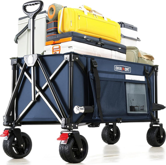 Overmont Collapsible Wagon Cart with Wheels - 180L Foldable Heavy Duty Wagon with Big All-Terrain Wheels - 330Lbs Weight Capacity with Side Pockets for Camping Sports Garden Grocery Shopping Blue