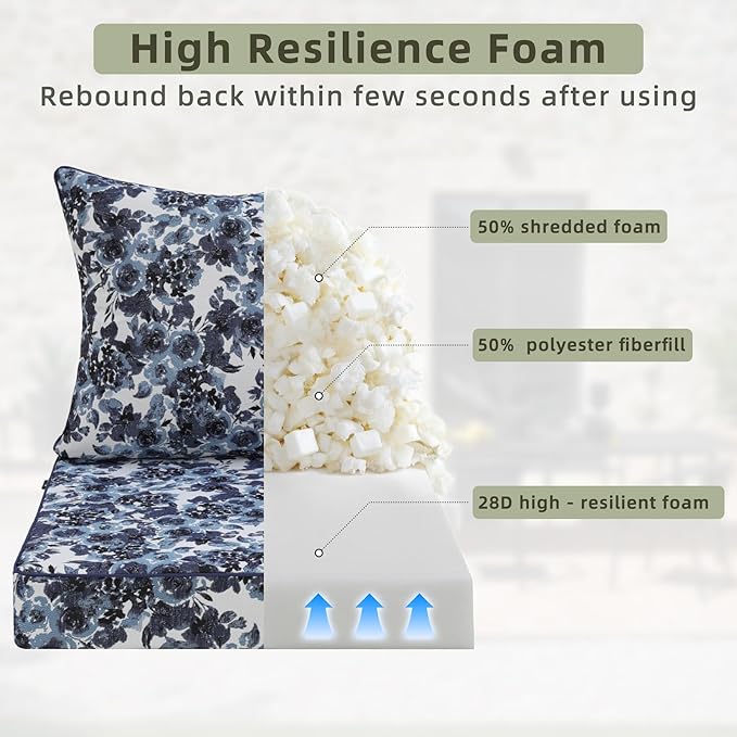 Favoyard Outdoor Seat Cushion 19 x 19 x 3 in Waterproof Pattern Fade Resistant Cover Removable Patio Furniture Cushions Deep Seat & Back Cushion Set with Adjustable Straps for Patio Chair Sofa Couch