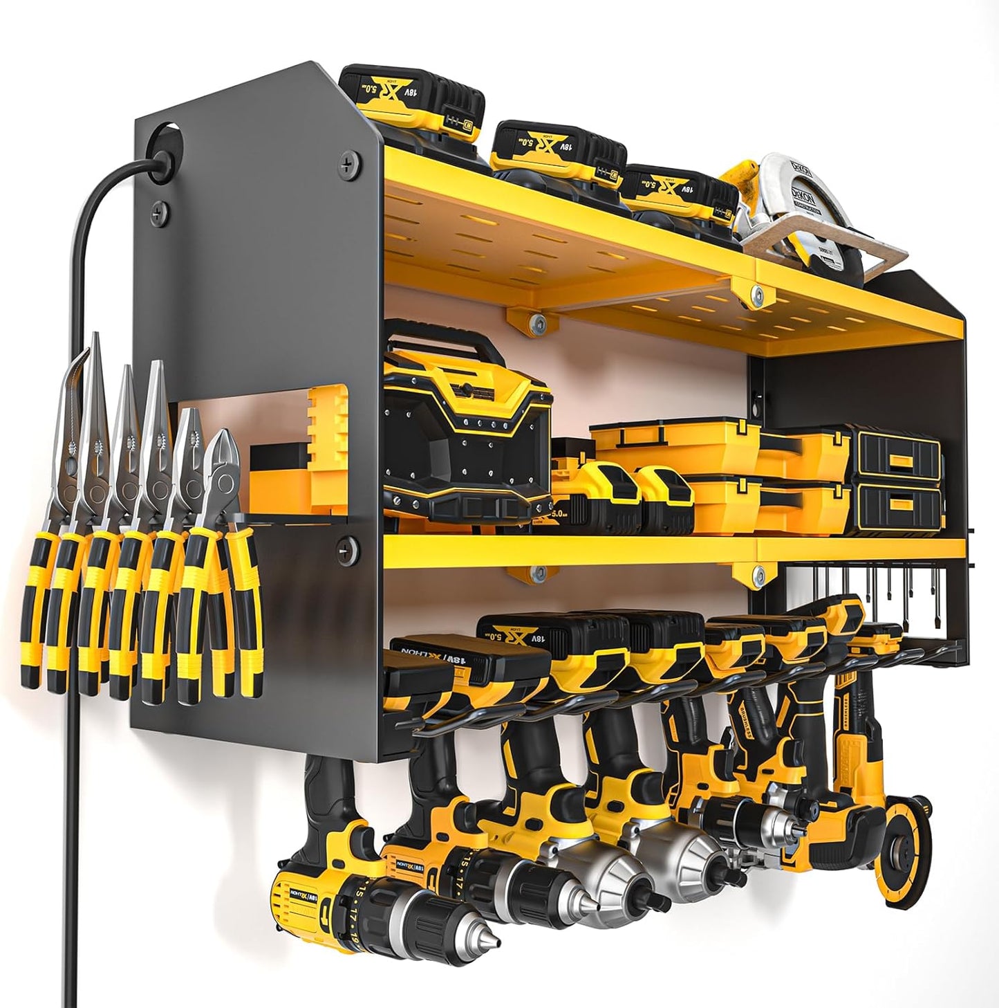 YYR Power Tool Organizer with Charging Station Wall Mount, Cordless Drill and Battery Holder for Garage Organization, Electric Tools Storage Rack Build in Surge Protection Power Strip - Yellow Shelf