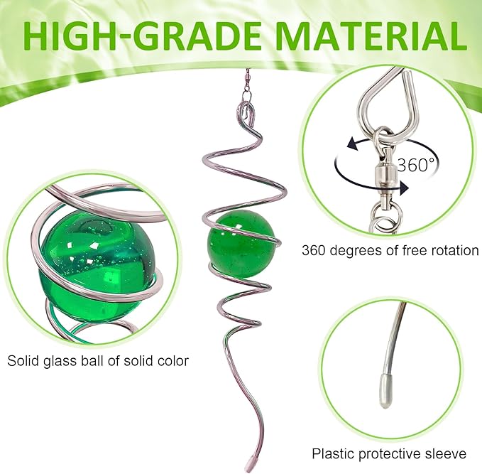 Gazing Ball Spiral Tail with Green Glass Orb, Spiral Tail for Wind Spinner, 3D Wind Spinners Stabilizer, Rotating Art Decor-Visual Illusion in Spinning, Indoor Outdoor Garden Decoration 13"