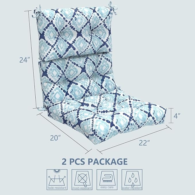 LVTXIII Outdoor Tufted High Back Cushions Set of 2 Patio Seasonal Replacement Rocking Chair Cushion with Ties, Solid Seat and Back Chair Cushion, (44” L x 22W”, Boho Geometry Blue)