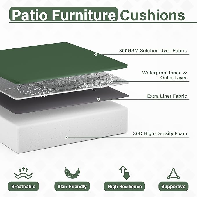 Patio Chair Cushions 22 X 22 X 4 Inch Waterproof Outdoor Seat Cushions for Patio Furniture, Outdoor Sofa Couch Pads with Ties & Handle, Set of 2, Green