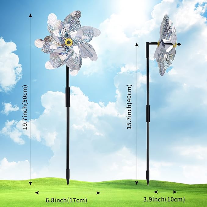 BATTIFE 12 Pack Pre-Assemble Sparkly Reflective Pinwheels | Silver Bird Blindness Pin Wheel | Scare Birds & Animals Away | Wind Spinner for Yard and Garden