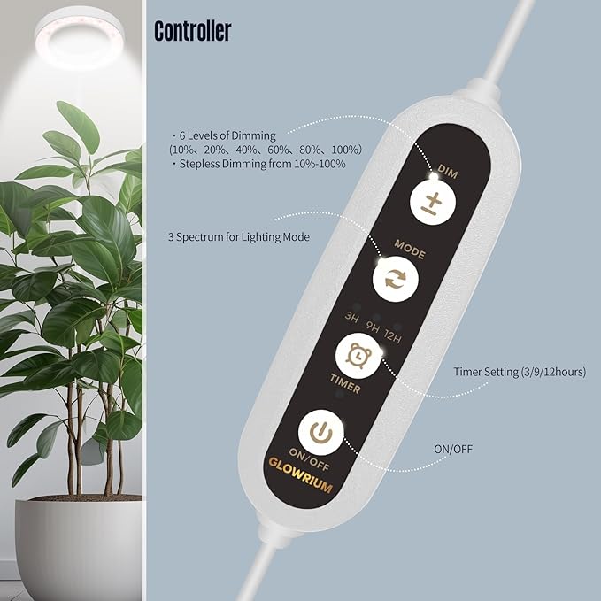 GLOWRIUM Indoor Grow Light, 20 Watt Full Spectrum LED Plant Growth Light with Stand, Adjustable Height with Timer 3/9/12 hrs, White LED Plant Lamp