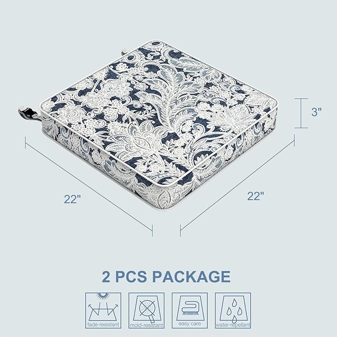 LVTXIII Patio Chair Cushions 22"x22"x3", Water-Repellent Outdoor Seat Cushions for Patio Furniture, Square Chair Pads with Ties for Home Garden Decoration, Set of 2, Damask Lapis