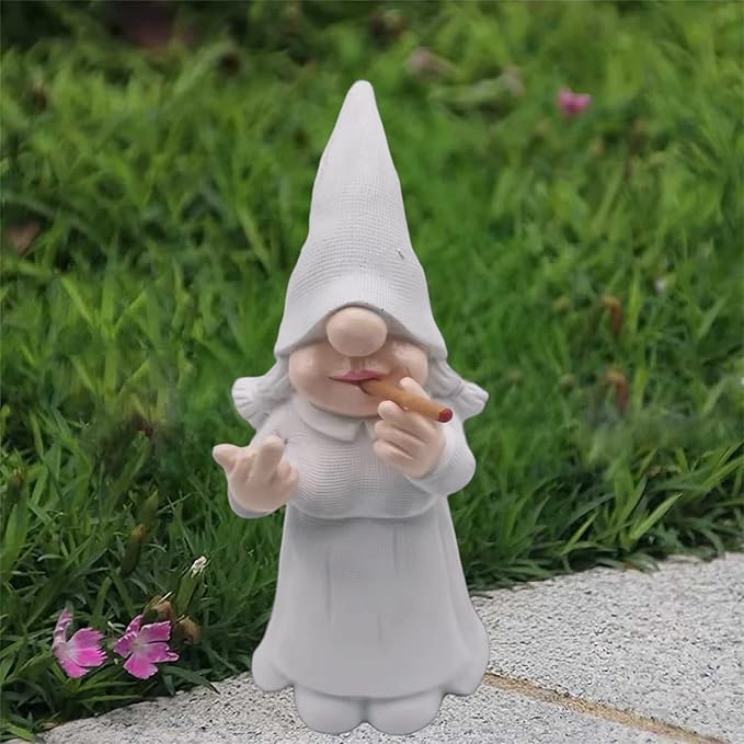 MINICAR 8'' H Funny Middle Finger Lady Gnomes Statues Outdoor Decor, Naughty Smoking Sculptures Garden Yard Patio Decorations, Paintable Unique Gifts