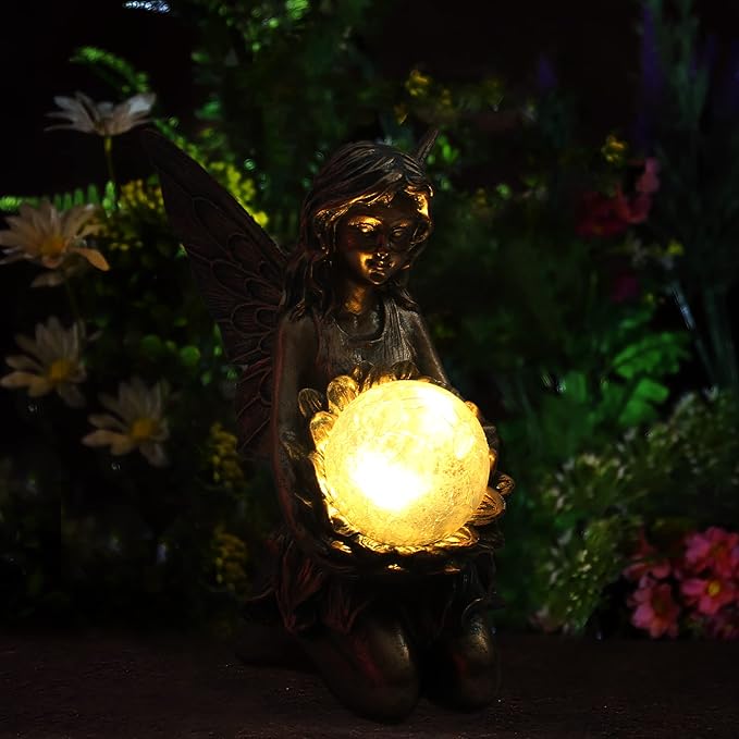 Garden Statues Outdoor Flower Fairy Decor,Solar Powered Outdoor Resin Statues-Patio Lawn Yard Porch, Funny Garden Fairies Ornaments Figurines for Outside Garden Gifts,8.31 Inches Tall