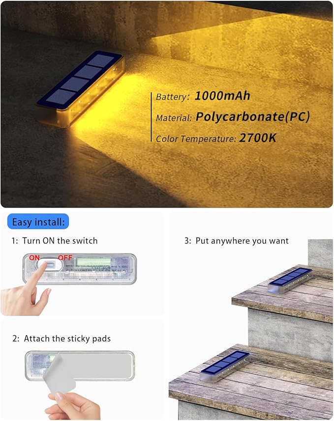 Solar Step Lights for Outside, 2 Pack Solar Stair Lights, Warm White Outdoor Deck Light Waterproof, Outdoor Light Solar Powered for Deck, Dock, Pathway, Porch, Path, Ground, Backyard