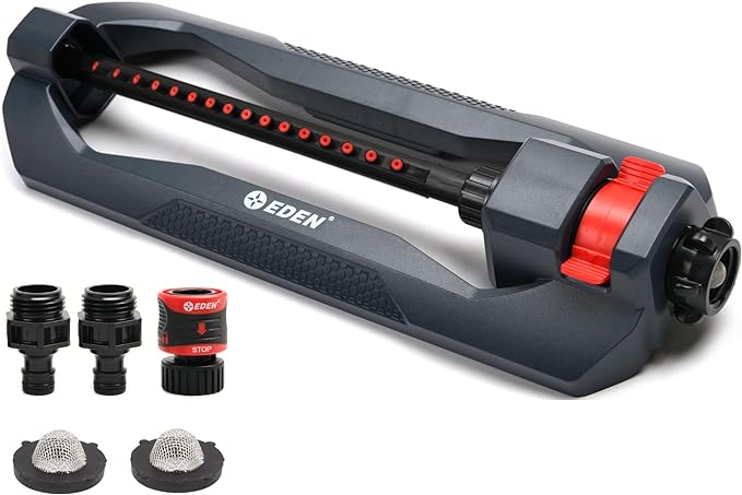 Eden Metal Adjustable 6-Pattern Rotary Gear Drive Garden Sprinkler Bundle with Oscillating Sprinkler for Yard