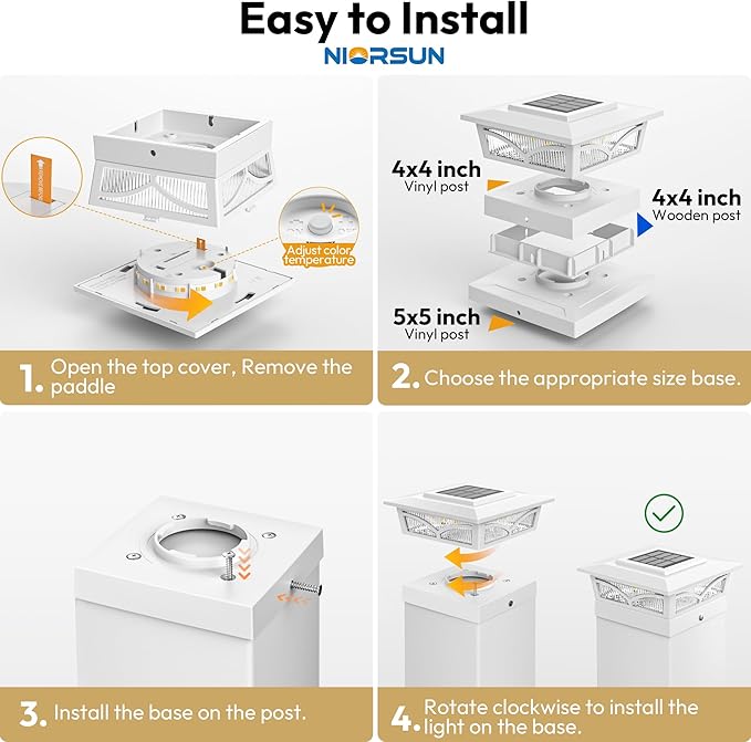 NIORSUN Solar Post Cap Lights Outdoor, 2 Modes LED, Deck Fence Post Solar Lights for 3.5x3.5 4x4 5x5 Post Caps Patio Garden Decoration, Solar Post Lights Warm White/Cool White Lighting White 12 Pack