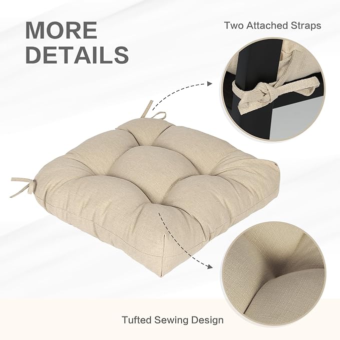 Aoodor 19" x 19" x 5" Tufted Outdoor Chair Cushions, Water Resistant & Fade Resistant Polyester Dining Chair Pads with 2 Straps for Patio Furniture, Set of 2