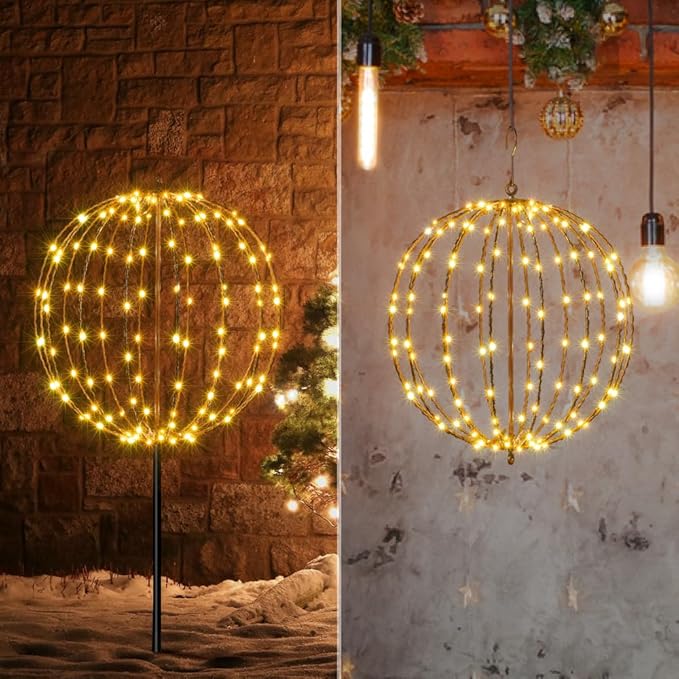 LIGHTSHARE 16IN 128LED Light Ball Yard Decoration Pathway Lights Sphere Light with Fold Flat Metal Frame Indoor Outdoor Waterproof Garden Lights, Plug in