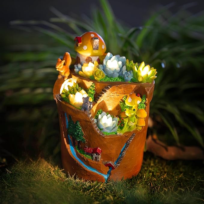 Garden Solar Figurine Light - Flowerpot Succulent Solar Light Outdoor, Solar Powered Lighting Outside Decorations Yard Art Lawn Ornaments for Porch Patio Balcony - Succulent Gifts for Women Mom