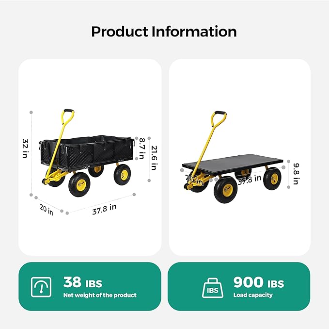 SUNNYFEEL 900 Lbs Capacity Heavy Duty Mesh Steel Garden Cart,Folding Utility Cart with Removable Side Nets, Non-Slip Rubber Base, Black & Yellow,Upgraded Version