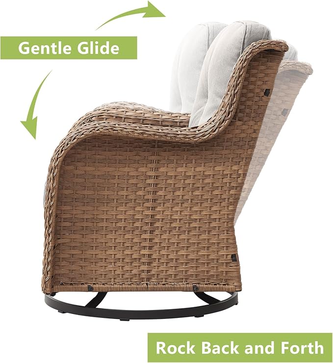 Outdoor Wicker Patio Furniture Set - 5 Piece Rattan Patio Conversation Set with 2 Rocking Swivel Chairs,2 Ottomans and 1 Sofa for Porch Deck Backyard Garden(Yellow/Beige)