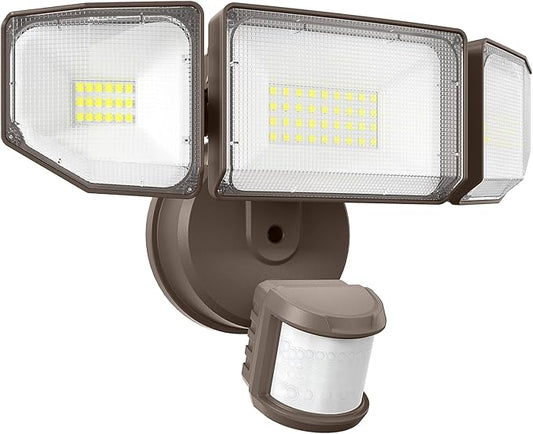85W LED Security Lights Motion Sensor Light Outdoor, 8500LM Dusk to Dawn, IP65 Waterproof, 6500K, 3 Head Motion Detected Flood Light, Floodlight for Outside, Garage, Yard, Porch (Brown)