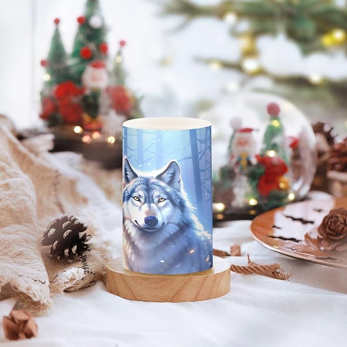 Flickering Flameless Candles, Wolf Winter Forest LED Candles with Remote Timer, Set of 2 Battery Operated Candle for Valentine Wedding Birthday