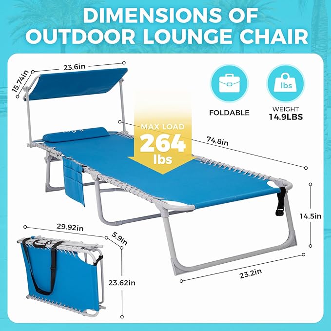 #WEJOY Folding Lounge Chair with Canopy Shade, Portable Adjustable 5-Position Patio Chaise Lounger with Pillow & Storage Pocket for Lay Flat Outdoor Lawn Backyard Beach Camping Pool Tanning (Blue)