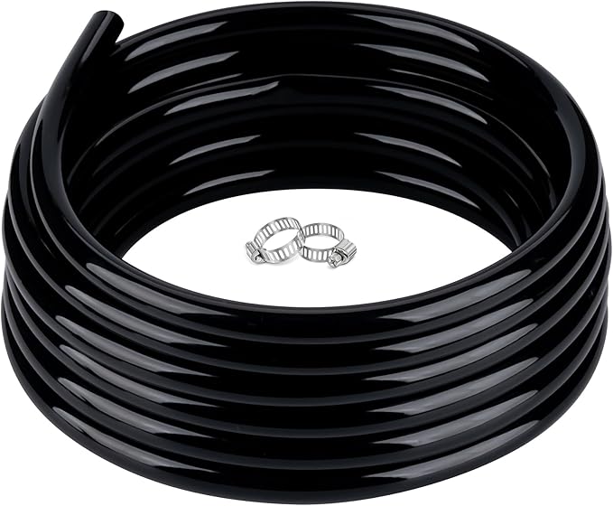 1/2" id - 50ft Black Vinyl Tubing Flexible PVC Tube Hybrid Hose Transfer Water Fuel Gas for Pond Fountain Garden Waterfall, Durable and Safe, with 2 Hose Clamps