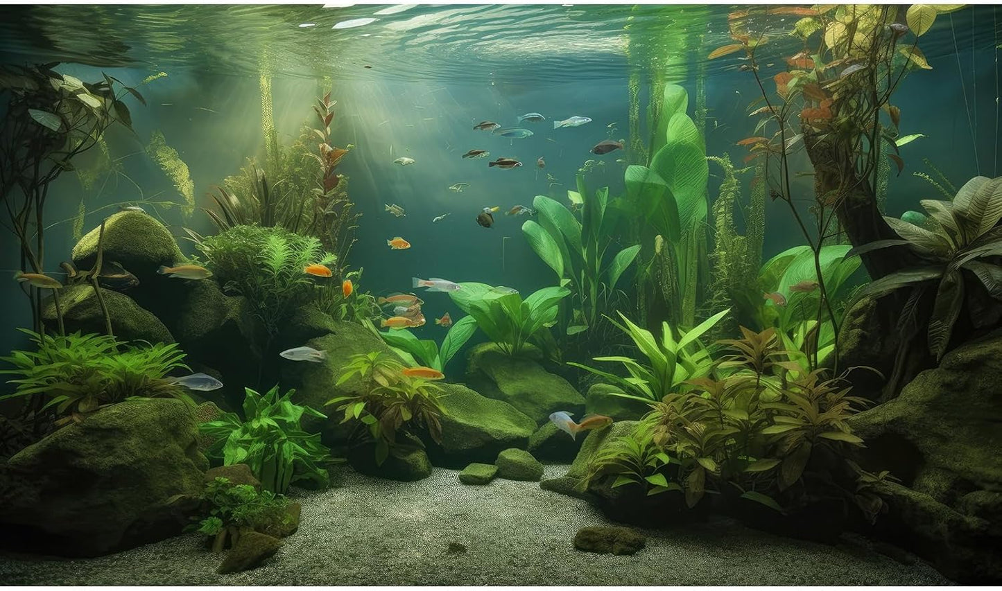 Under The Sea Aquarium Background Underwater Aquatic Plants Fish Tank Background Tropical Fish Rock with Moss Terrarium Background Undersea Green Grass with Sunbeams Terrarium Background 30x18in