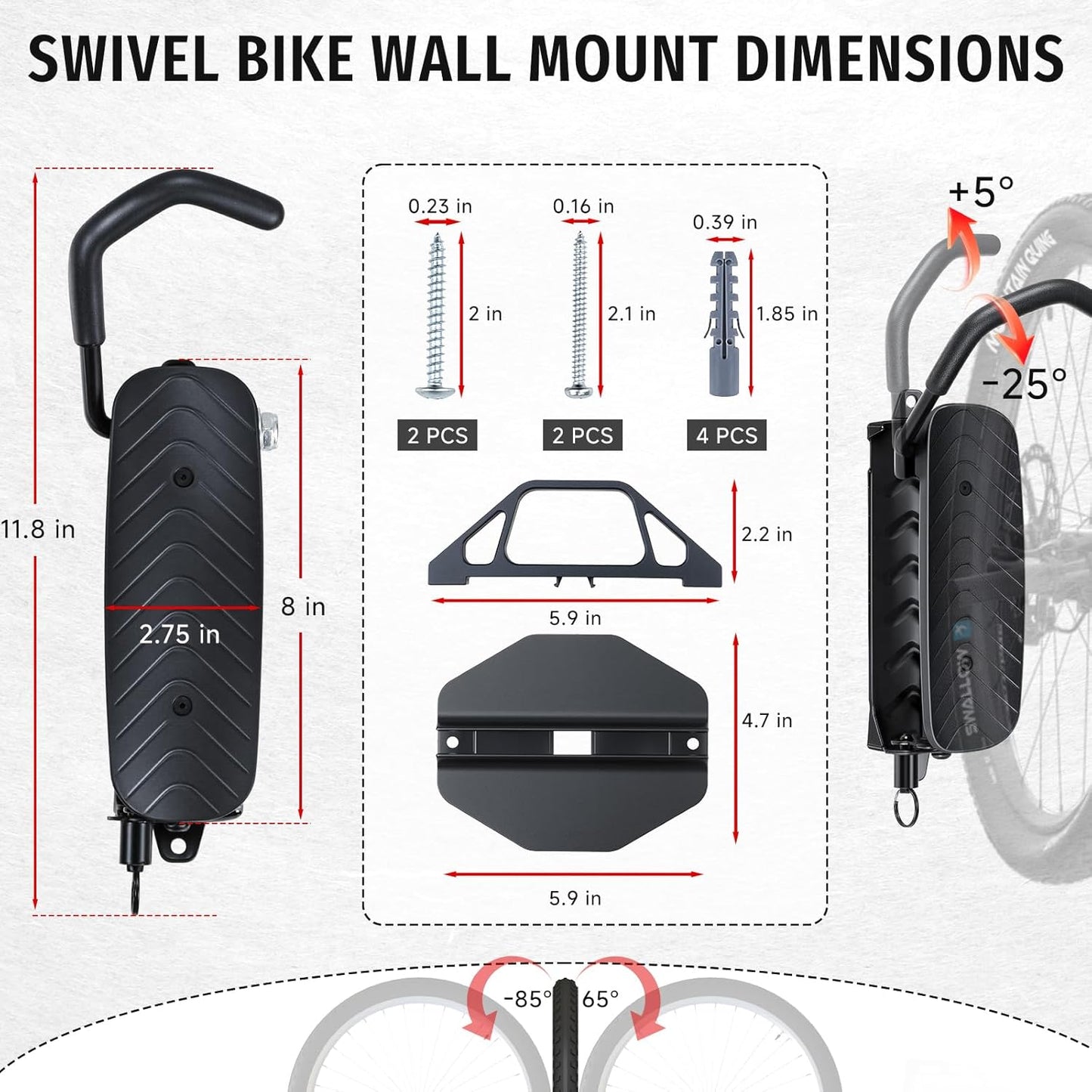 Bike Rack Garage,Bike Wall Mount, 150° Swivel & Space-Saving Vertical Bike Hangers for Storage, Sturdy Bike Stand Holds Up to 66lbs, Easy to Install, 2 Pack