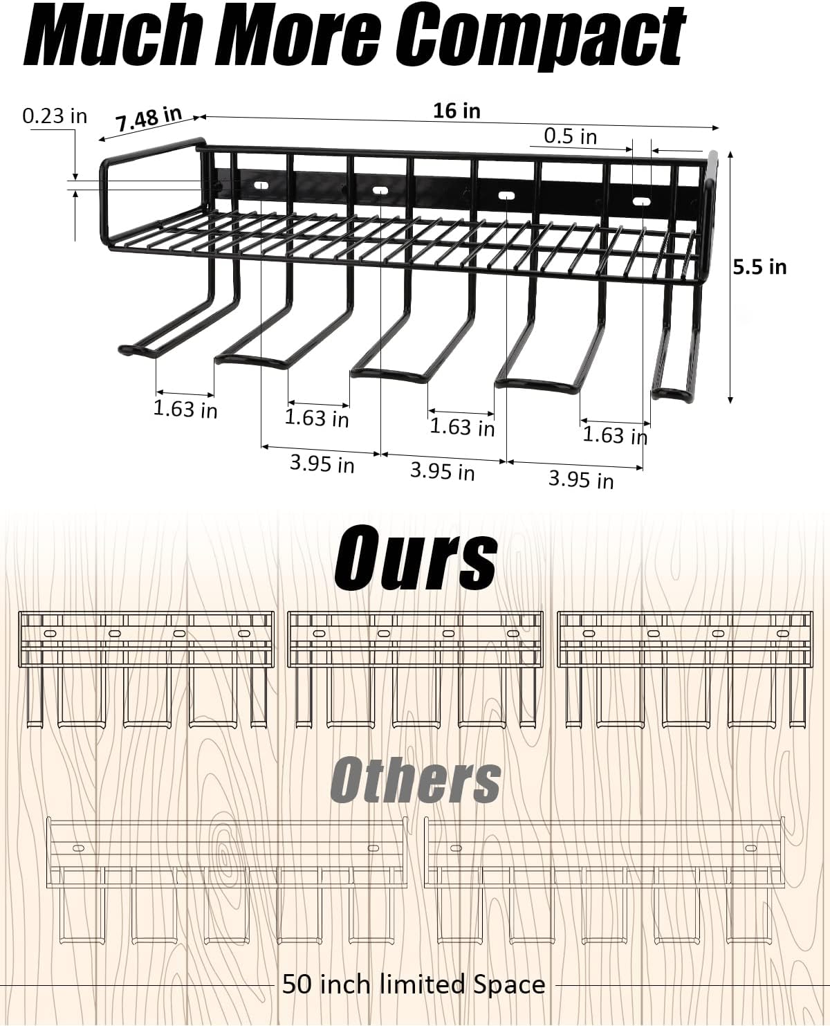 Heavy Duty Tool Organizer, 16"W x 7.48"H x 5.51"D, 4 Wall Mount Anchors, 3.95" Between Slots, Sturdy Steel Construction, Ideal for Power Tools