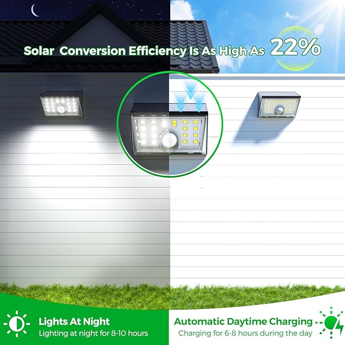 JSOT 22LED Solar Motion Sensor Lights Outdoor, Solar Lights Outdoor Waterproof IP65, Bright Wall Security Lighting for Outside Yard Front Door Fence - Cool White
