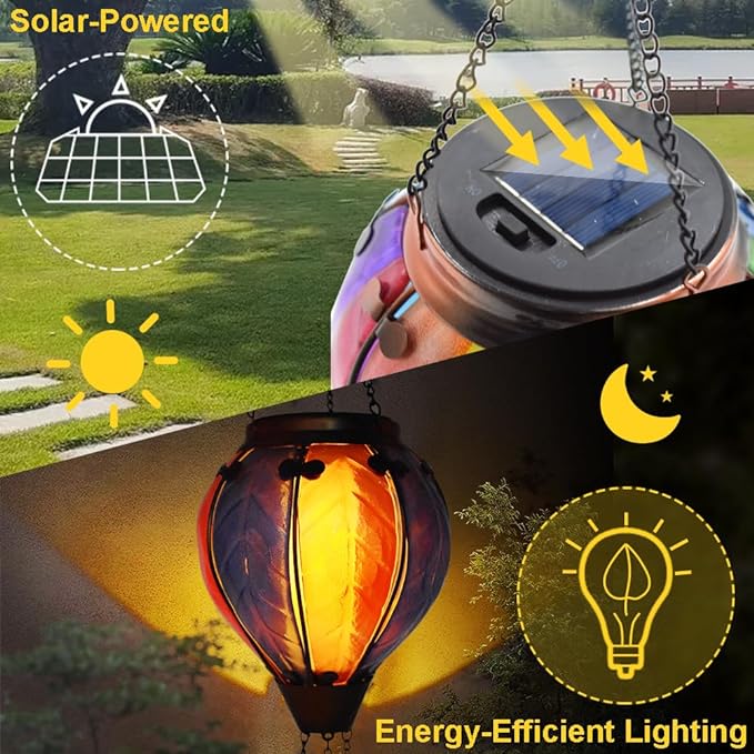 2PCS Solar Hot Air Balloon Lanterns with Flame with Shepherd's Hooks, Glass Hanging Flickering Lights Outdoor Waterproof for Garden Tree Yard Patio Mother's Day Gift, 18" H Colorful