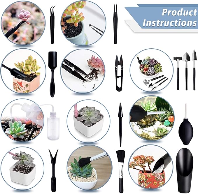Succulent Tools, 13 Pcs Mini Garden Tool Set, Transplanting Tools Set,Succulent Care kit for Succulent Miniature Gardening Plant, Black