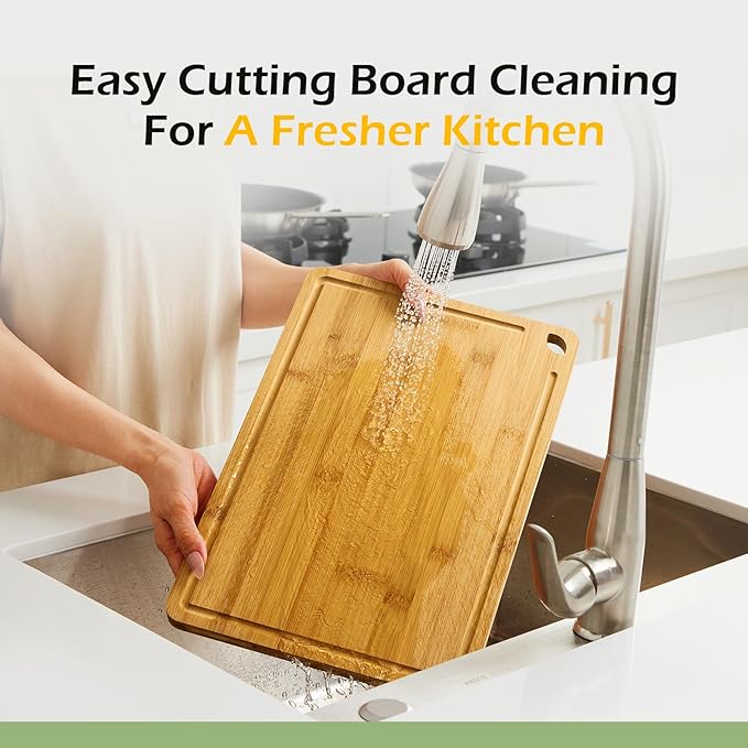 4-Pcs Natural Wood Cutting Board Set Kitchen Tools with Juice Groove, Wooden Chopping Board for Meat, Fruit, Vegetables & Cheese (Pre Oiled, Natural)
