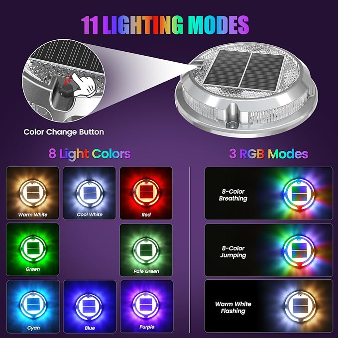 Quntis RGB Solar Deck Lights 4 Pack, 11 Lighting Modes Solar Driveway Lights Outdoor Waterproof IP68, Step and Deck Light for Outside Stair Pathway Walkway