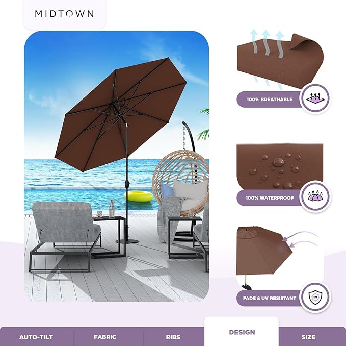 Midtown Umbrellas Sunbrella Umbrella 9 Feet Outdoor Umbrella With Sunbrella Bay Brown Acrylic Fabric - Auto-Tilt Aluminum Frame Patio Umbrella For Backyard, Deck, Garden, Pool - Black Pole