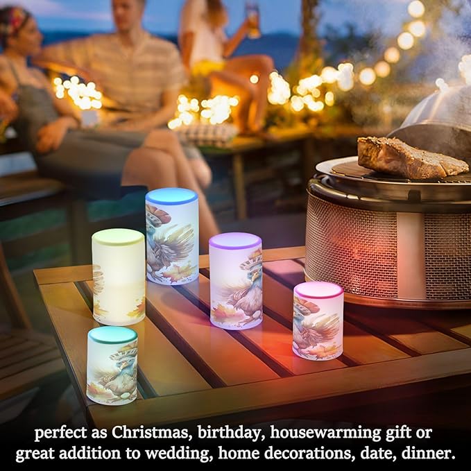 Flickering Flameless Candles, Cute Turkey Thanksgiving Pumpkin LED Candles with Remote Timer, Set of 2 Battery Operated Candle for Valentine Wedding Birthday