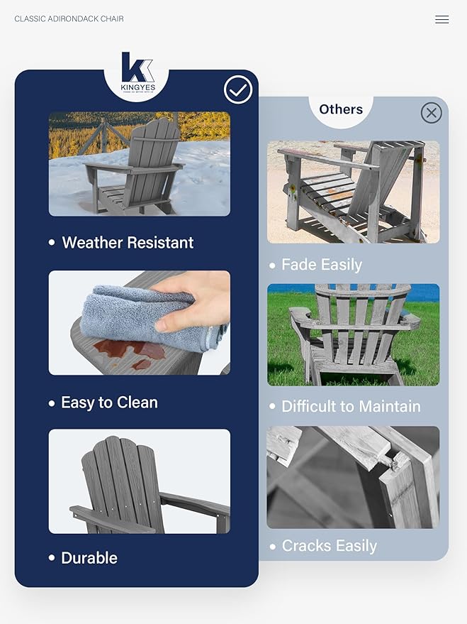 KINGYES HDPE Adirondack Chair Set of 2, Classic Oversize Adirondack Chair, Grey