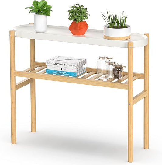 Bamboo Plant Stands Indoor, 2 Tier Steel Tray Tall Corner Plant Stand Holder & Plant Display Rack for Outdoor Garden Indoor Home (1 - 2 Tier)