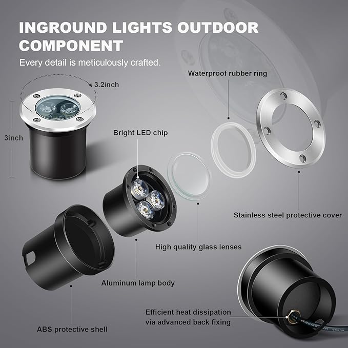 4Pack Low Voltage Landscape Lights with Connectors - 12-24V LED In-Ground Lights IP67 Waterproof Garden Lighting for Yard, Pathway, Driveway, Deck (Cool White)