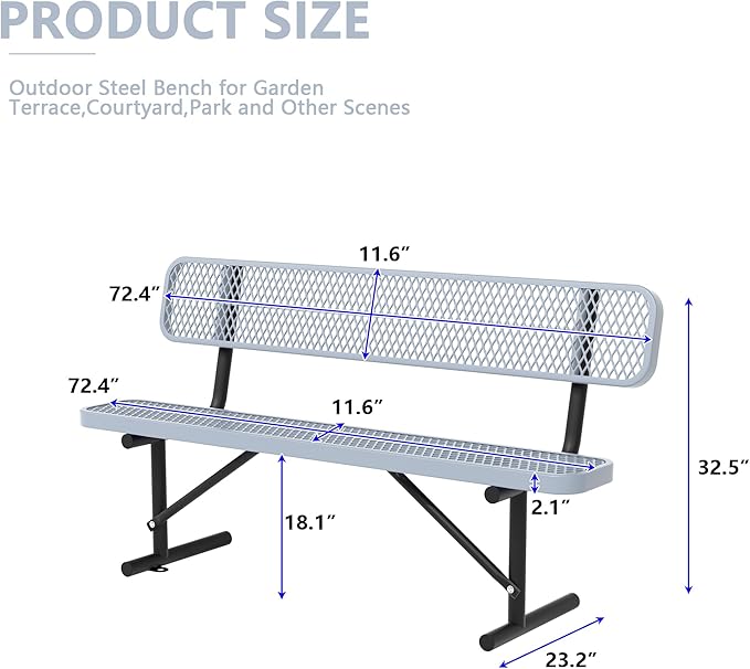 Heavy Duty Park Bench with Back Portable Frame, Outdoor Steel Bench with Backrest, Outdoor Park Bench Expanded Metal Mesh Bench for Lawn, Park, Deck, Garden, Patio, Porch, Black (Gray, 8FT)